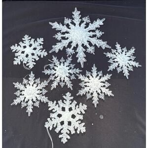 5 Vintage LARGE Heavily Sugared Sparkled SNOWFLAKE Christmas Ornaments 12”